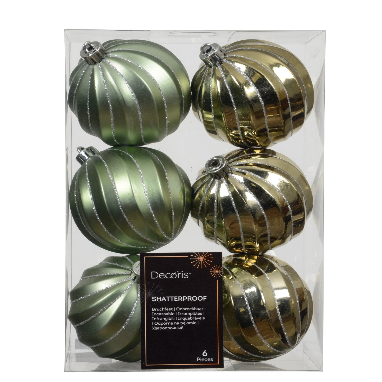 Valen Shatterproof 8cm Mixed Swirl Baubles - Set of 6 - Sage Green - Laura James