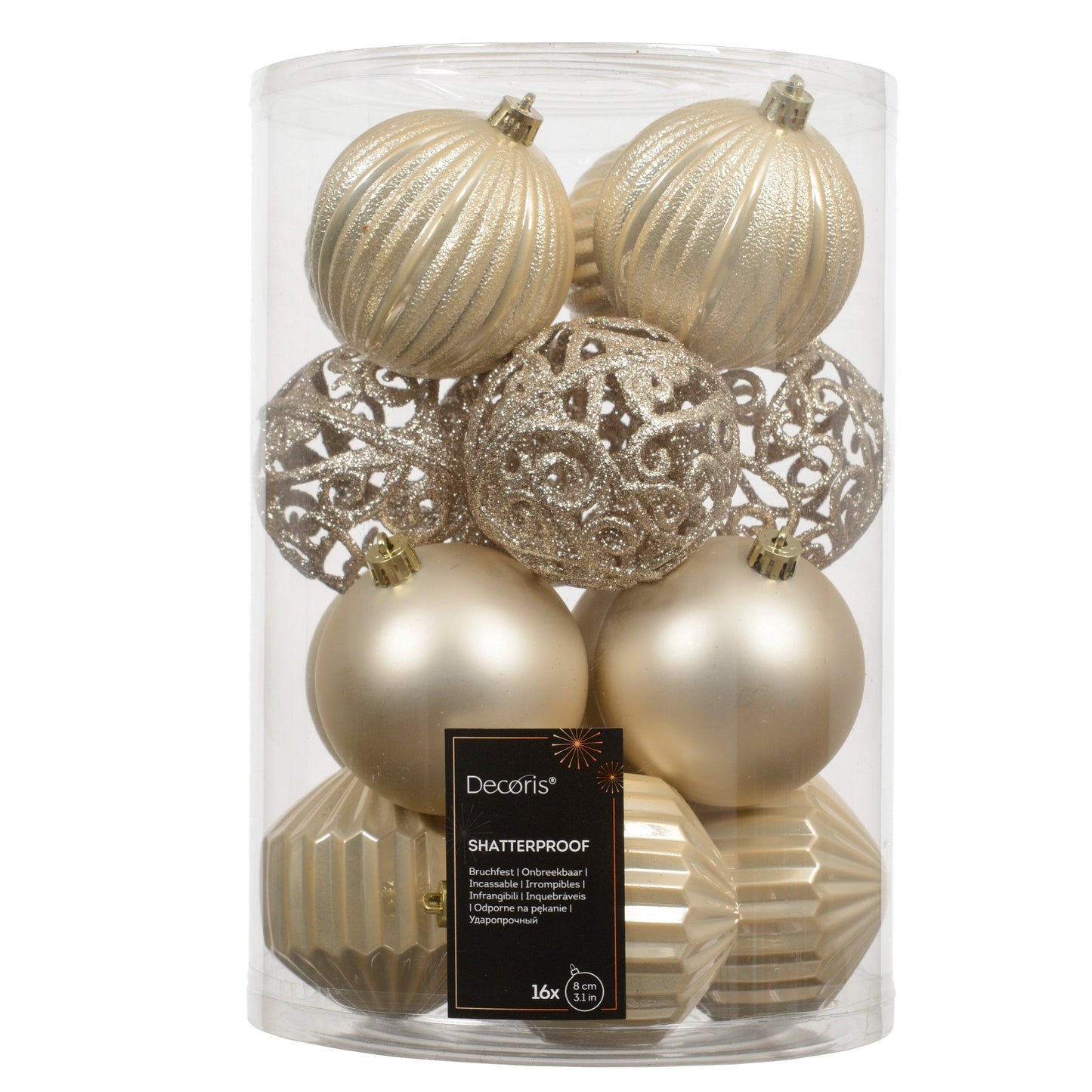 Valen Shatterproof 8cm Mixed Baubles - Set of 16 - Pearl Gold - Laura James