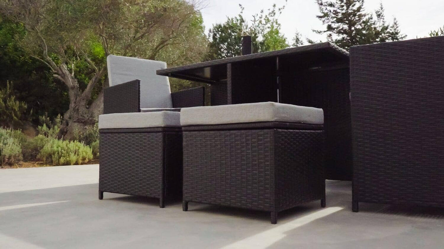 Cube 10 Seater Rattan Outdoor Dining Set with Grey LED Premium Parasol - Black Weave