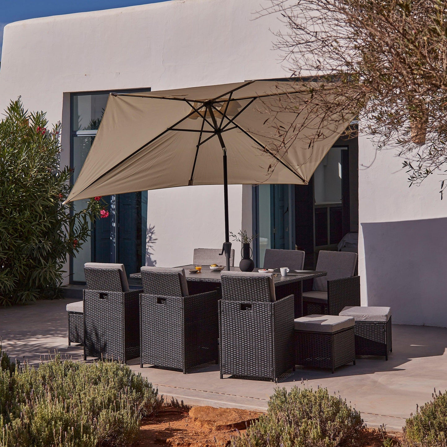 10 Seater Rattan Cube Outdoor Dining Set - Black Weave Polywood Top