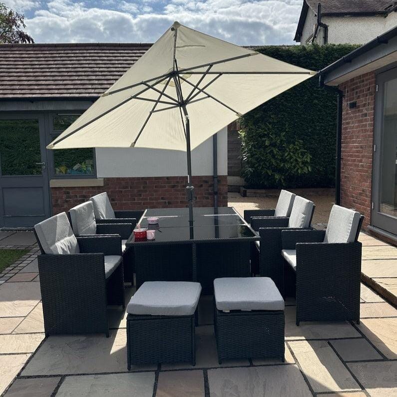 Cube 10 Seater Rattan Garden Dining Set with Cream LED Premium Parasol - Black Weave