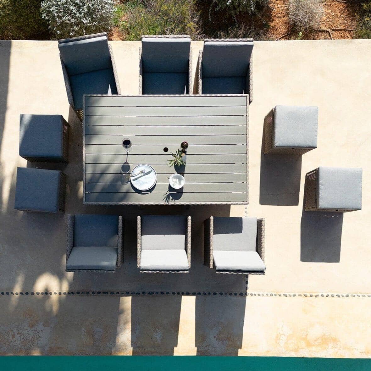 Cube 10 Seater Rattan Outdoor Dining Set with Grey LED Premium Parasol - Natural Brown Weave Polywood Top