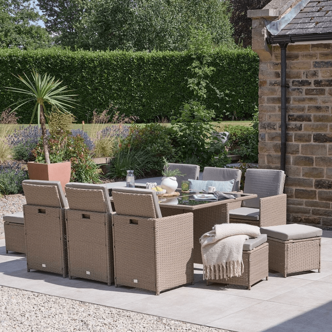 Cube 10 Seater Rattan Outdoor Dining Set - Natural Brown Weave