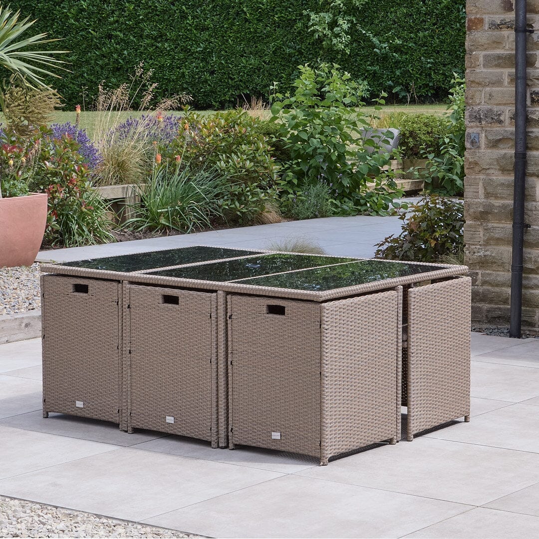 10 Seater Rattan Cube Outdoor Dining Set with Cream Parasol - Natural Brown Weave - Laura James