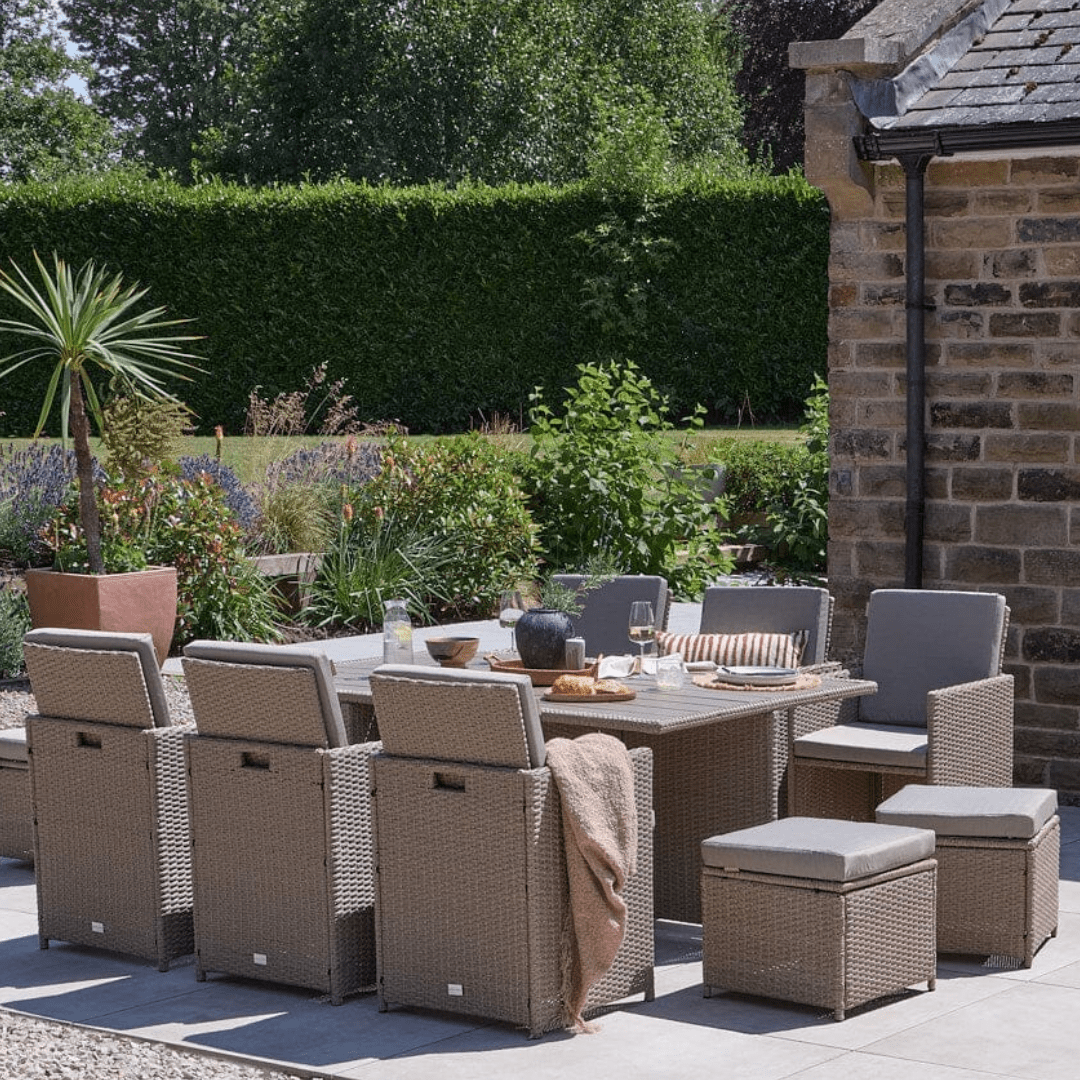 Cube 10 Seater Rattan Outdoor Dining Set - Natural Brown Weave Polywood Top