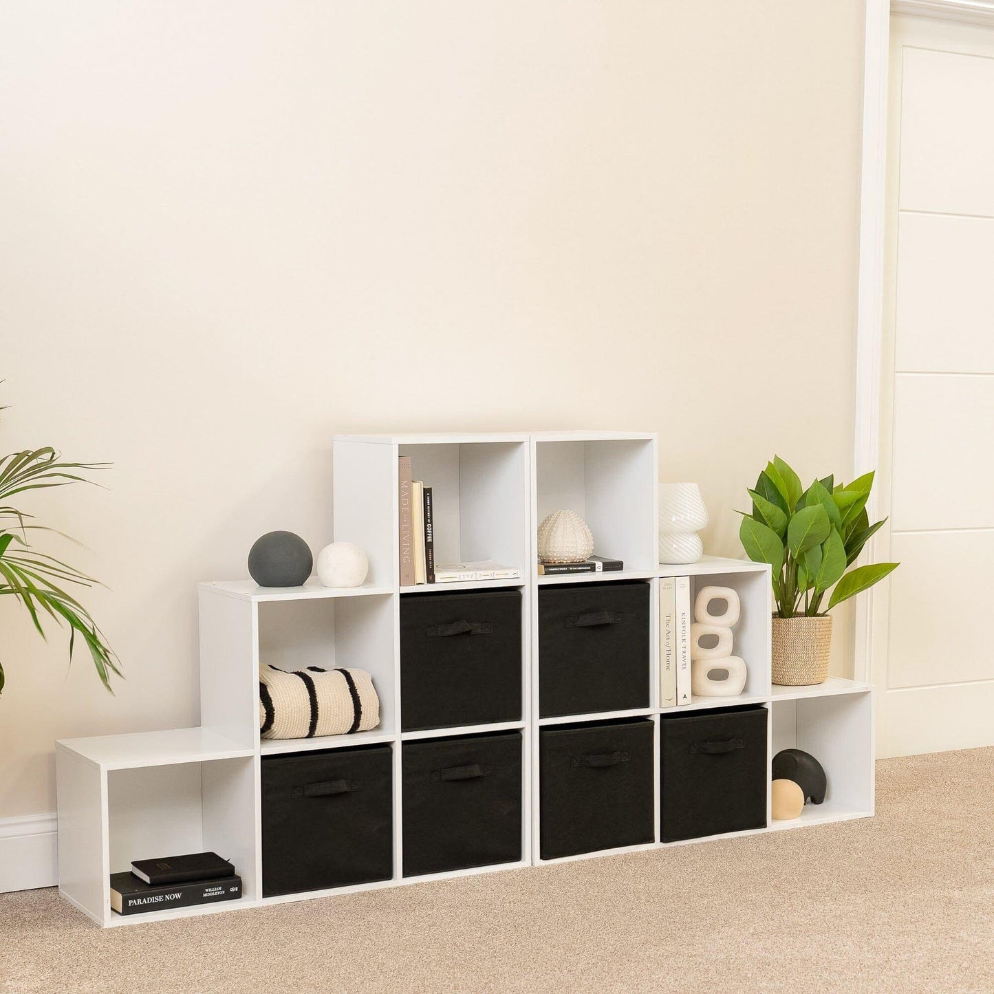 12 Cube Bookcase Ladder Storage Unit - White - Two 6 Cube Units (Black Basket) - Laura James