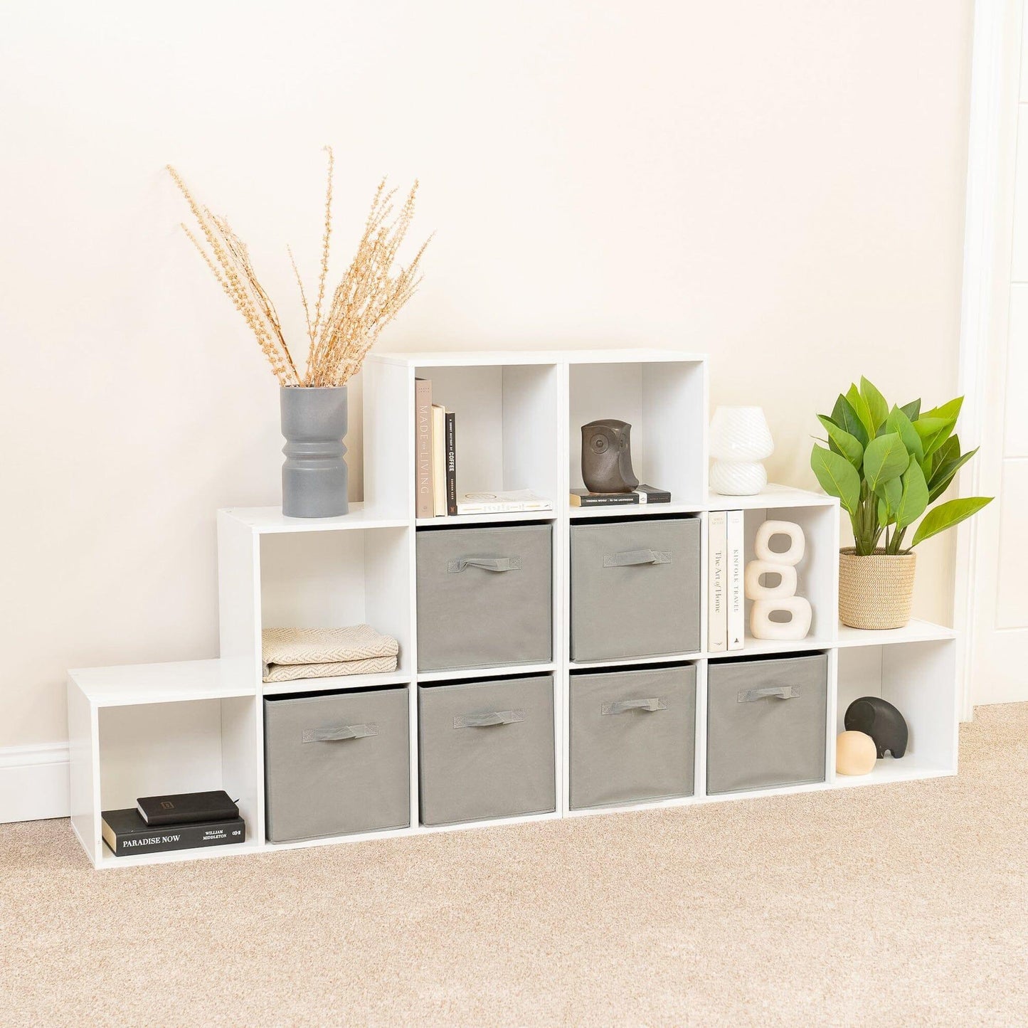 12 Cube Bookcase Ladder Storage Unit - White - Two 6 Cube Units (Grey Basket) - Laura James