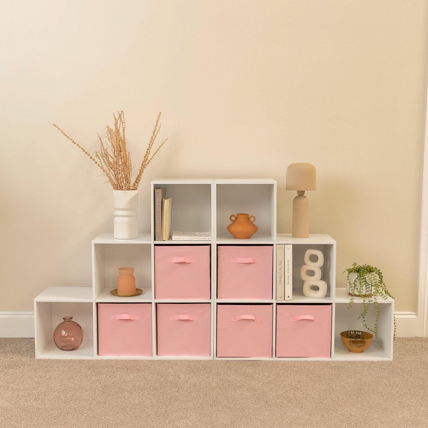 12 Cube Bookcase Ladder Storage Unit - White - Two 6 Cube Units (Pink Basket) - Laura James