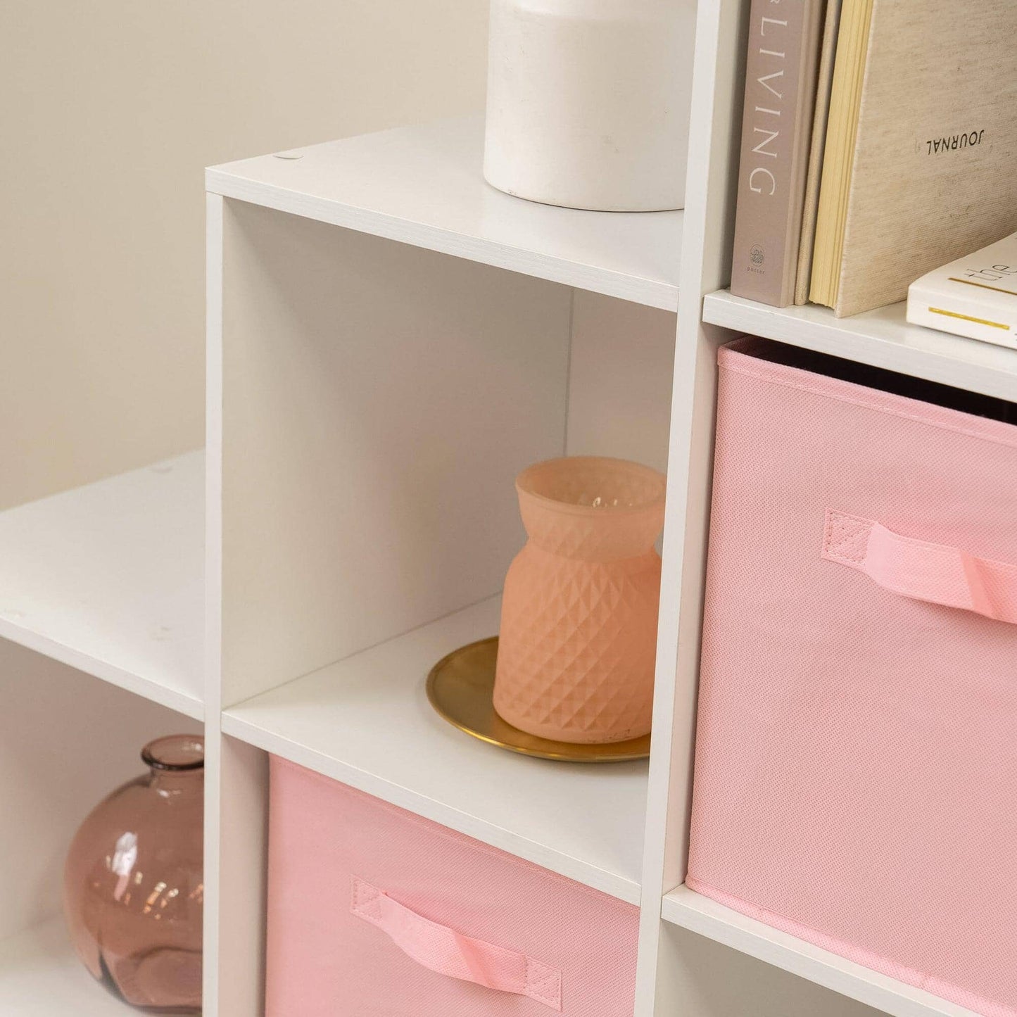 12 Cube Bookcase Ladder Storage Unit - White - Two 6 Cube Units (Pink Basket) - Laura James