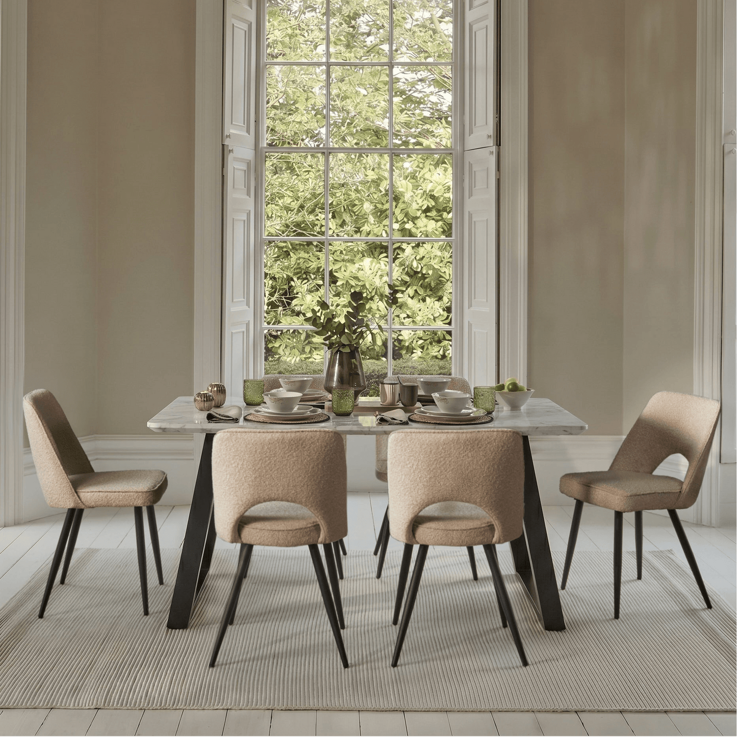 Atlas 160cm White Marble Veneer Dining Table Set - 6 Seater - Dolly Cream Boucle Dining Chairs with Black Legs - Laura James