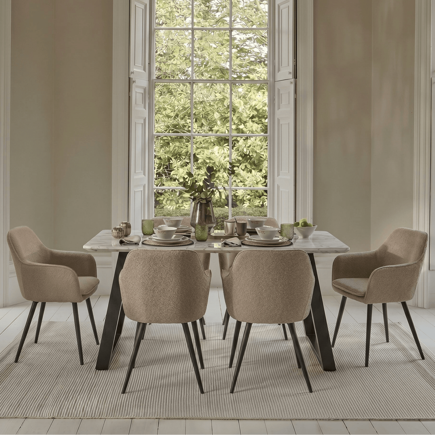 Atlas 160cm White Marble Veneer Dining Table Set - 6 Seater - Dolly Armchairs - Cream Boucle - Black Legs - Laura James