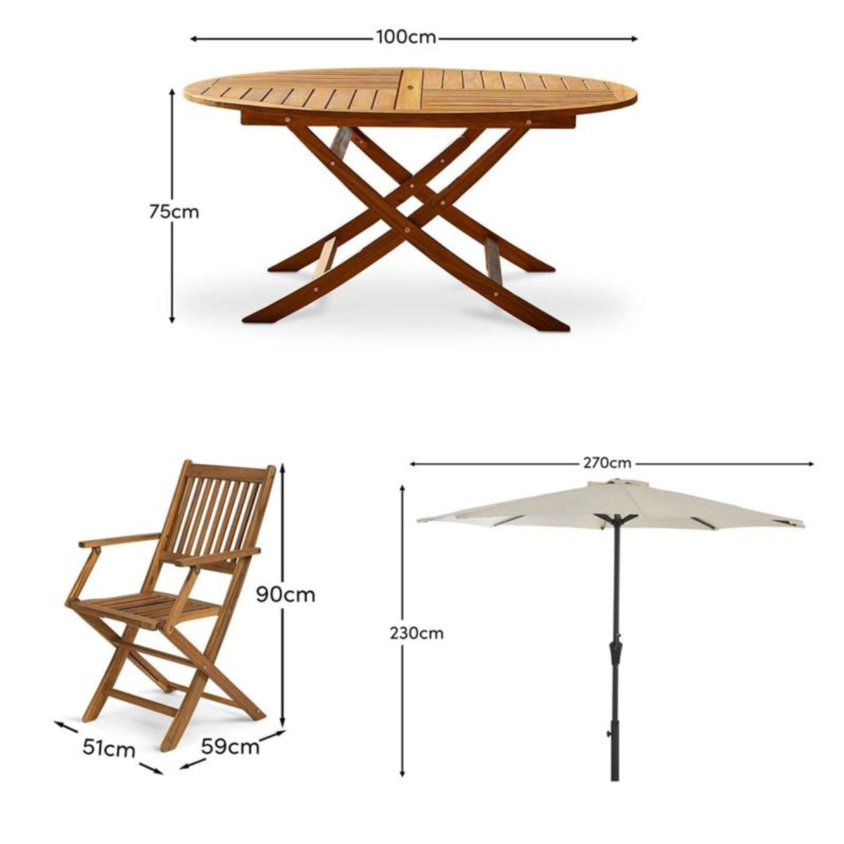 Ashby 4 Seater Round Wooden Garden Armchair Dining Set with Cream LED Premium Parasol - 100cm - Laura James