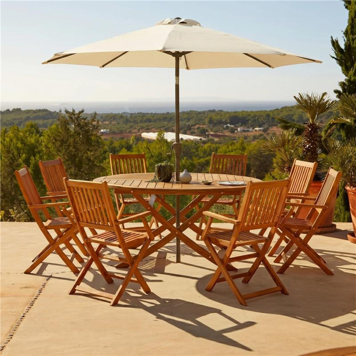 Ashby 8 Seater Wooden Round Garden Dining Set with Arms & Cream Parasol - 160cm - Laura James