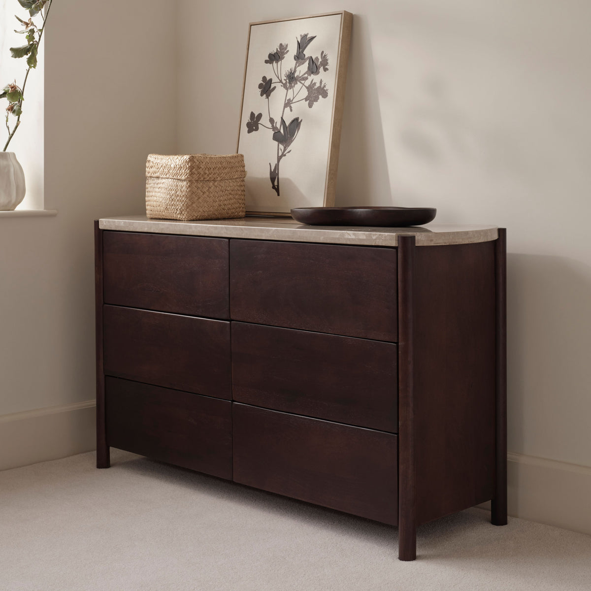 Viola 130cm 6 Drawer Chest of Drawers - Lady Grey Marble & Coffee Brown Mango Wood - Laura James
