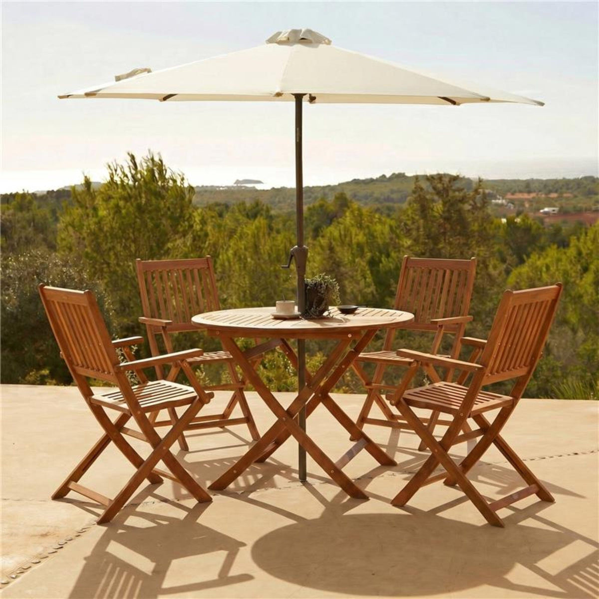 Ashby 4 Seater Round Wooden Garden Armchair Dining Set with Cream LED Premium Parasol - 100cm - Laura James