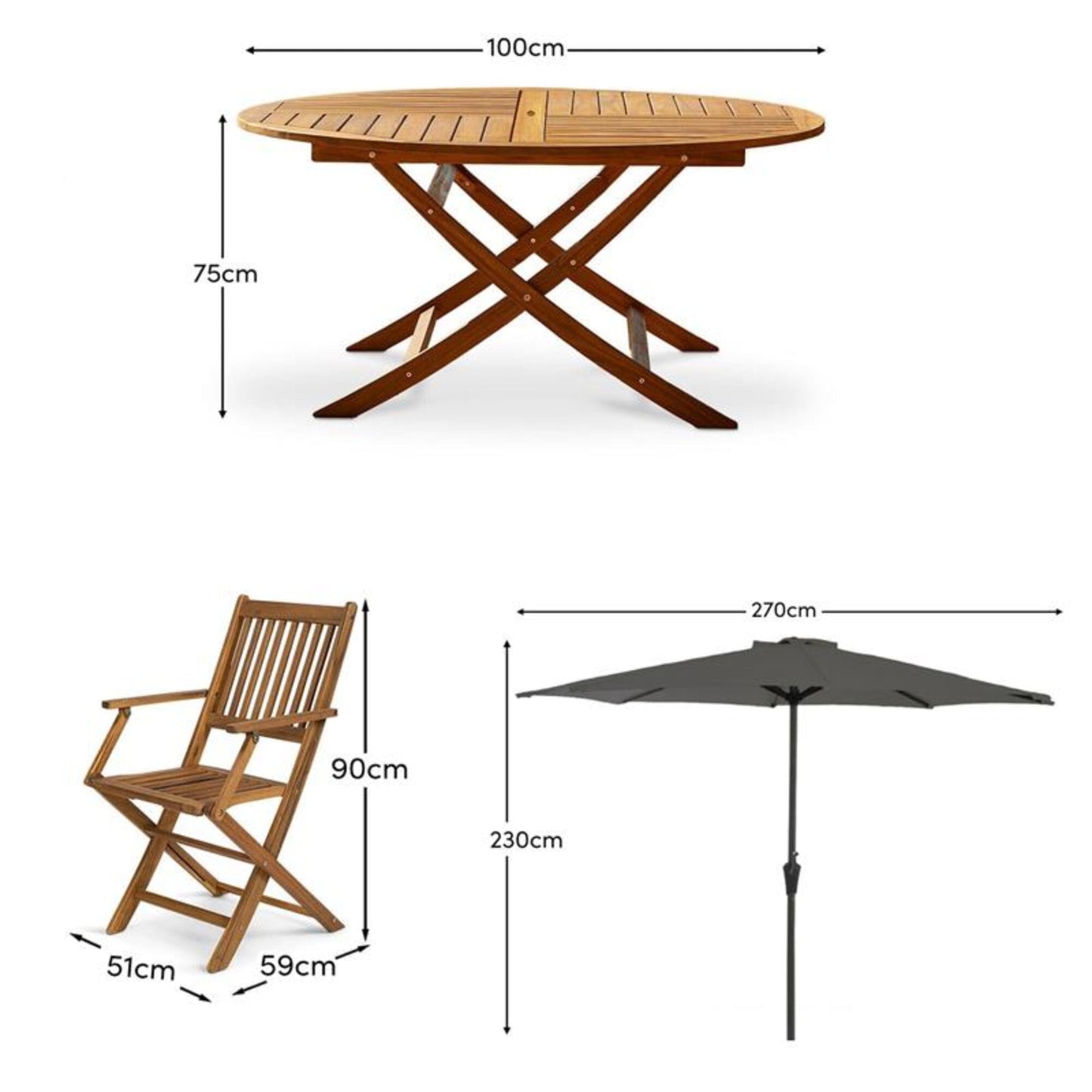 Ashby 4 Seater Round Wooden Garden Armchair Dining Set With Grey Parasol - 100cm - Laura James