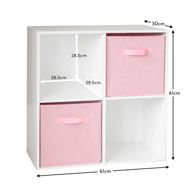 Cara 4 Cube Chalk White Bookcase Wooden Display Unit Shelving Storage Bookshelf Shelves - Pink Basket - Laura James