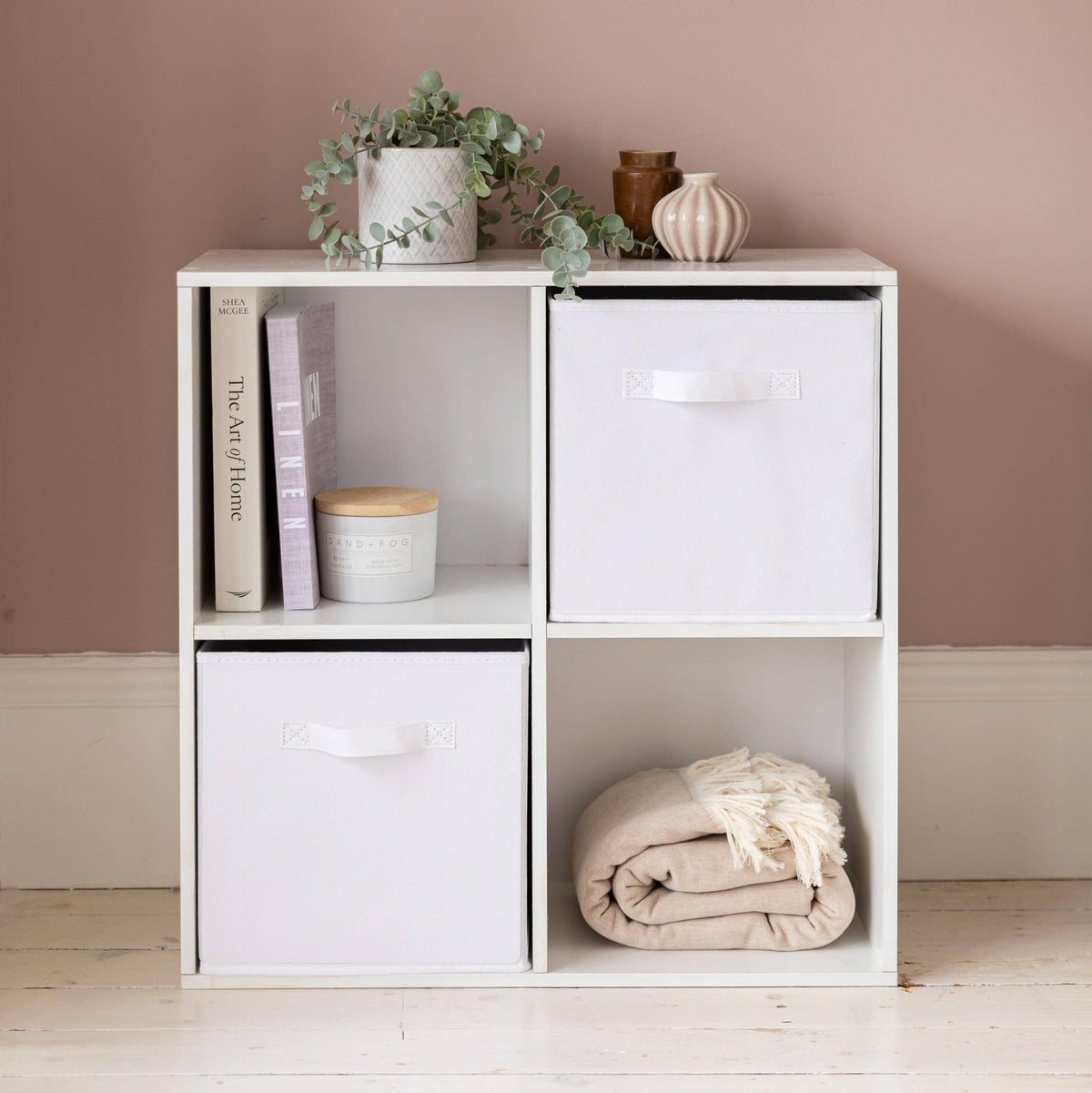 Cara 4 Cube Chalk White Bookcase Wooden Display Unit Shelving Storage Bookshelf Shelves - White Basket