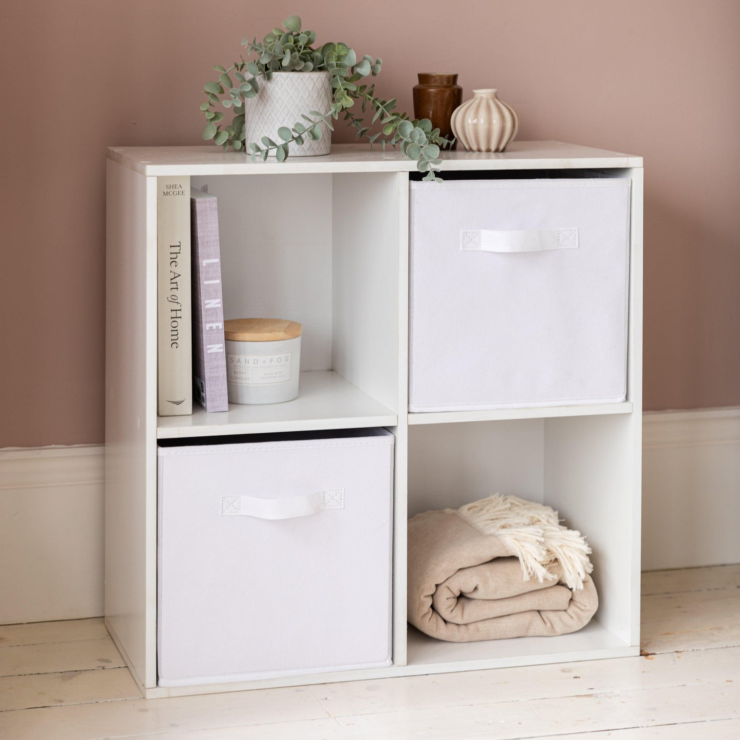 4 Cube White Bookcase Wooden Display Unit Shelving Storage Bookshelf Shelves (White Basket) - Laura James