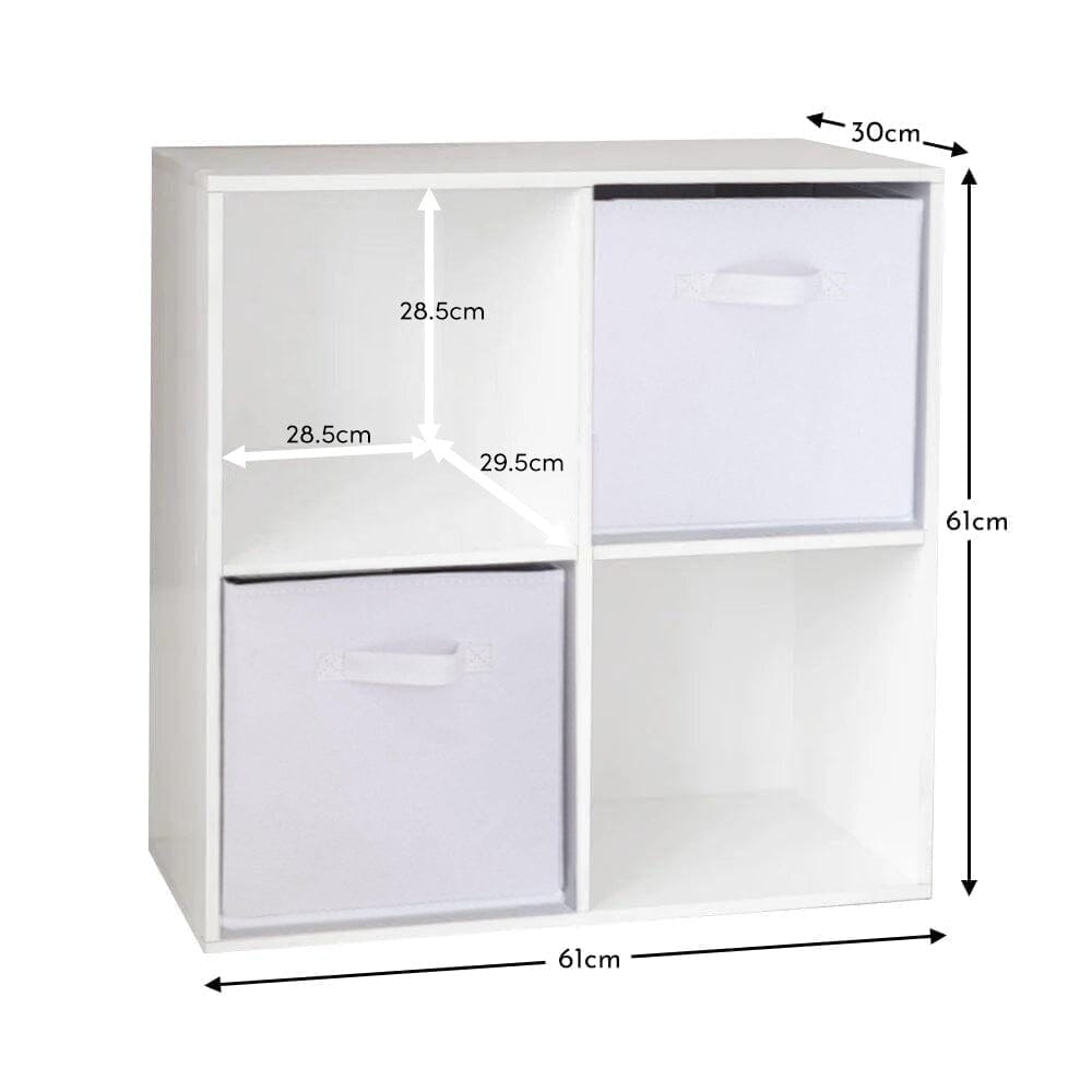 Cara 4 Cube Chalk White Bookcase Wooden Display Unit Shelving Storage Bookshelf Shelves - White Basket - Laura James