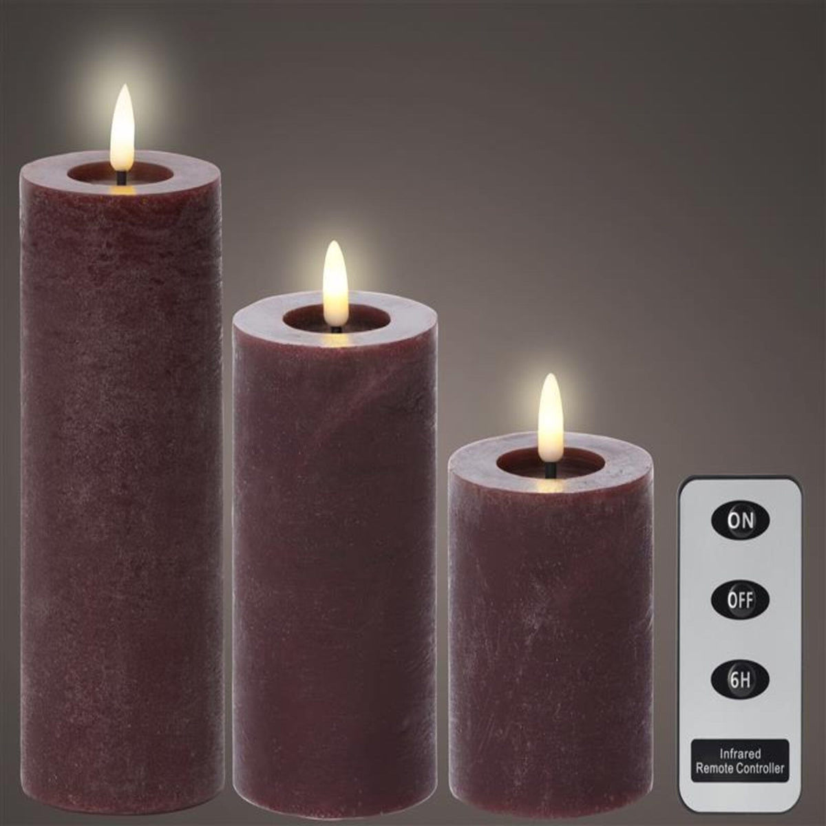 Samsta Battery Pillar Candles - Set of 3 - Burgundy Red - Laura James