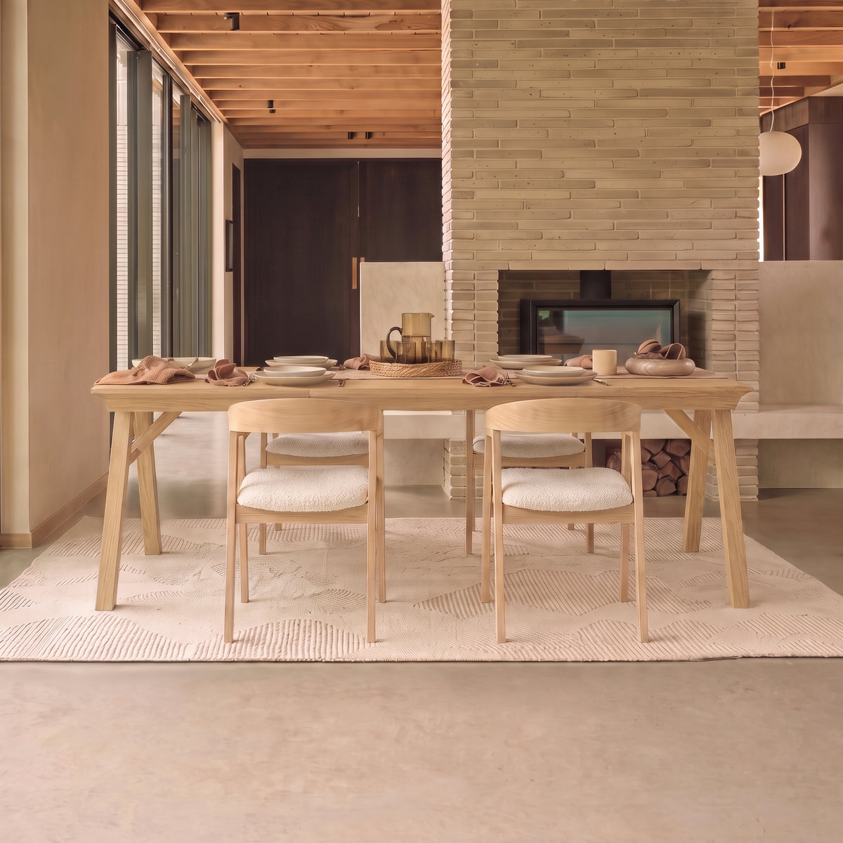 Sabina 160-240cm Pale Oak Extending Dining Table Set - 4 Seater - Ella Off White Boucle Dining Chairs - Pale Oak Legs