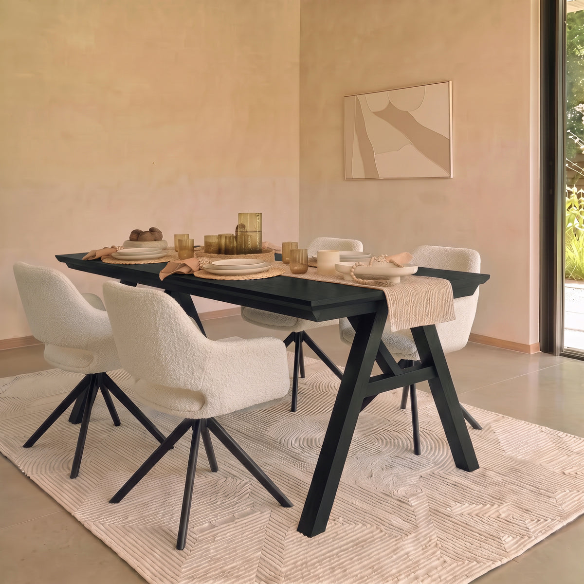 Sabina 160-240cm Black Oak Extending Dining Table Set - 4 Seater - Parker Snow White Boucle Office Chairs - Black Metal Legs