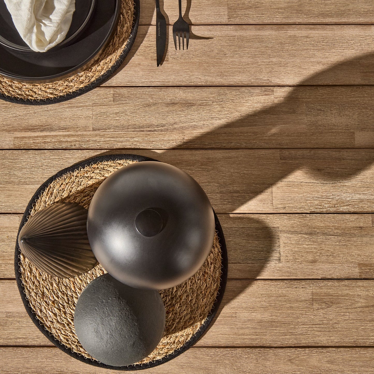 Amelia Outdoor 6 Seater Dining Table Set - Light Brushed Acacia with Black Legs with Imani Dining Chairs and Shiro Bench - Laura James