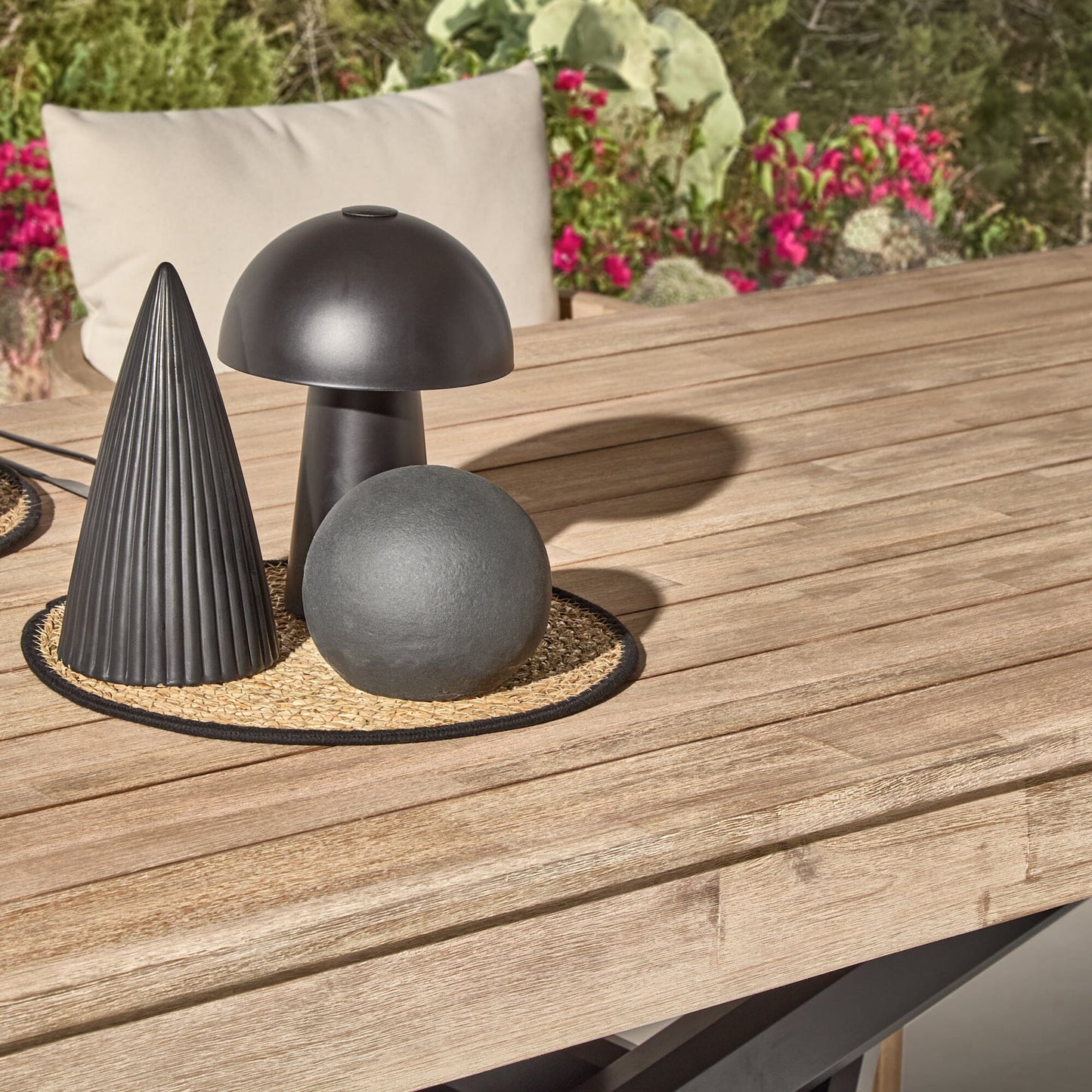 Amelia Outdoor 6 Seater Dining Table Set - Light Brushed Acacia with Black Legs with Imani Dining Chairs and Shiro Bench - Laura James