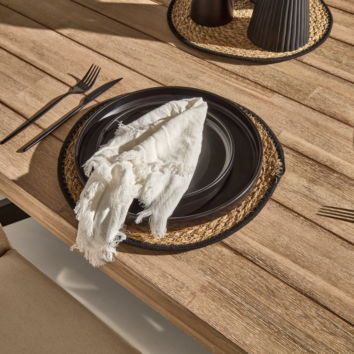 Amelia Outdoor 6 Seater Dining Table Set - Light Brushed Acacia with Black Legs with Imani Dining Chairs and Shiro Bench - Laura James