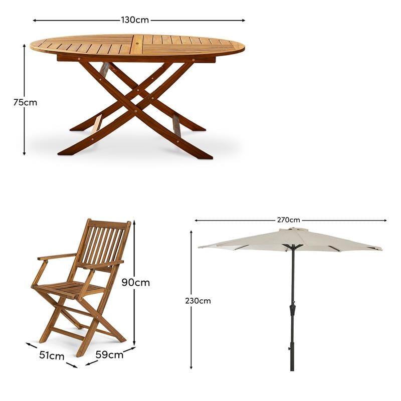 Ashby 6 Seater Round Wooden Garden Dining Set with Arms & Cream Parasol - 130cm