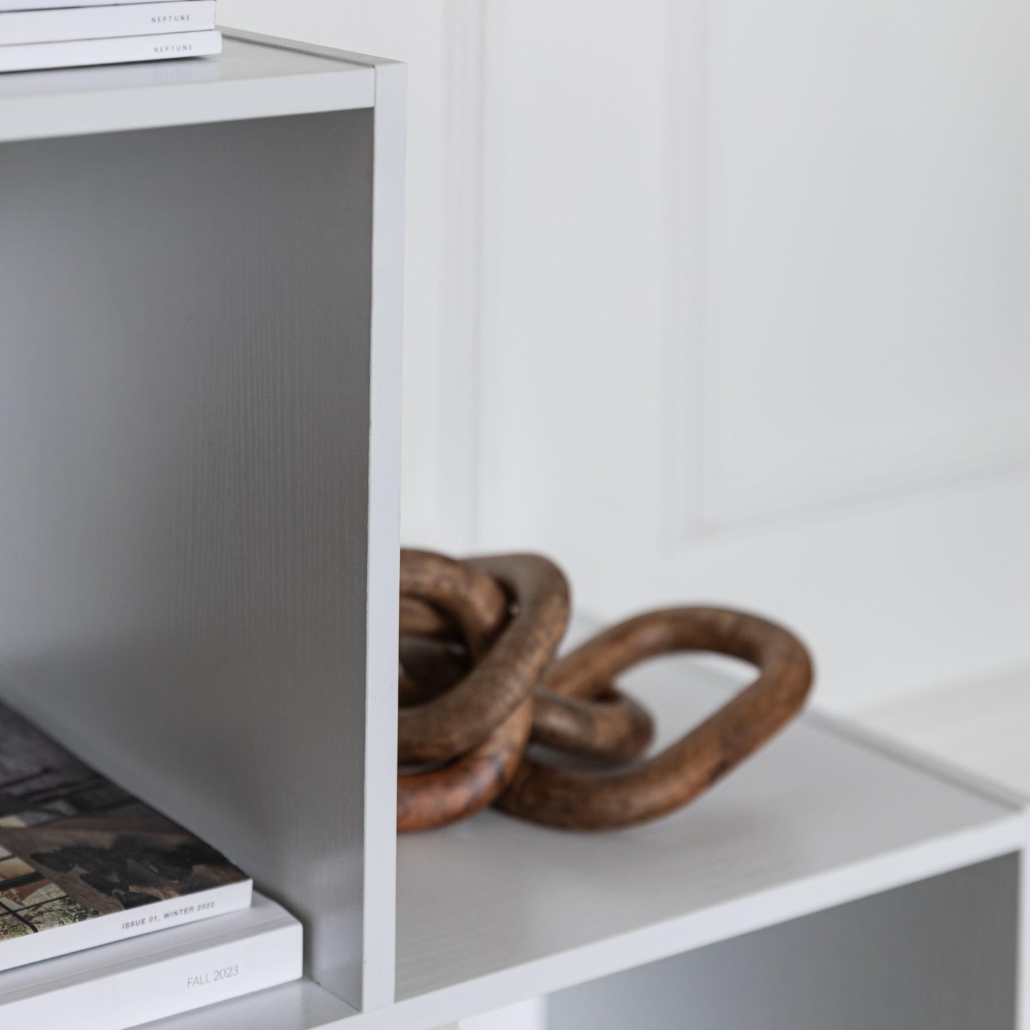 6 Cube bookcase ladder storage unit - white with grey boxes - Laura James