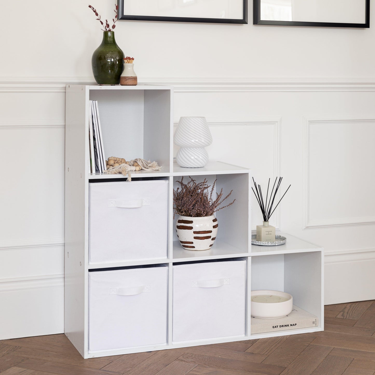 6 Cube bookcase ladder storage unit - white with white boxes - Laura James