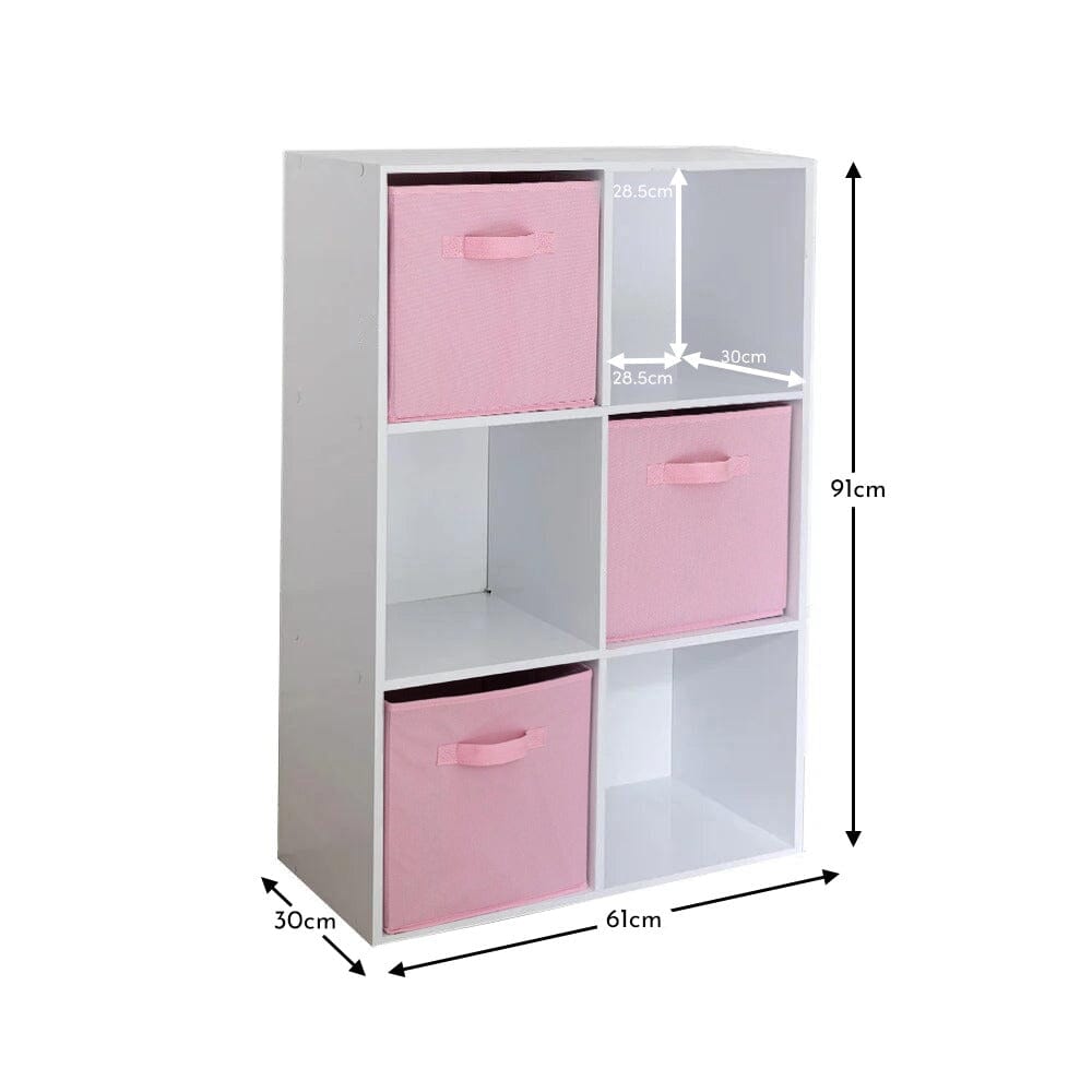Cara 6 Cube Chalk White Bookcase Wooden Display Unit Shelving Storage Bookshelf Shelves - Pink Basket - Laura James