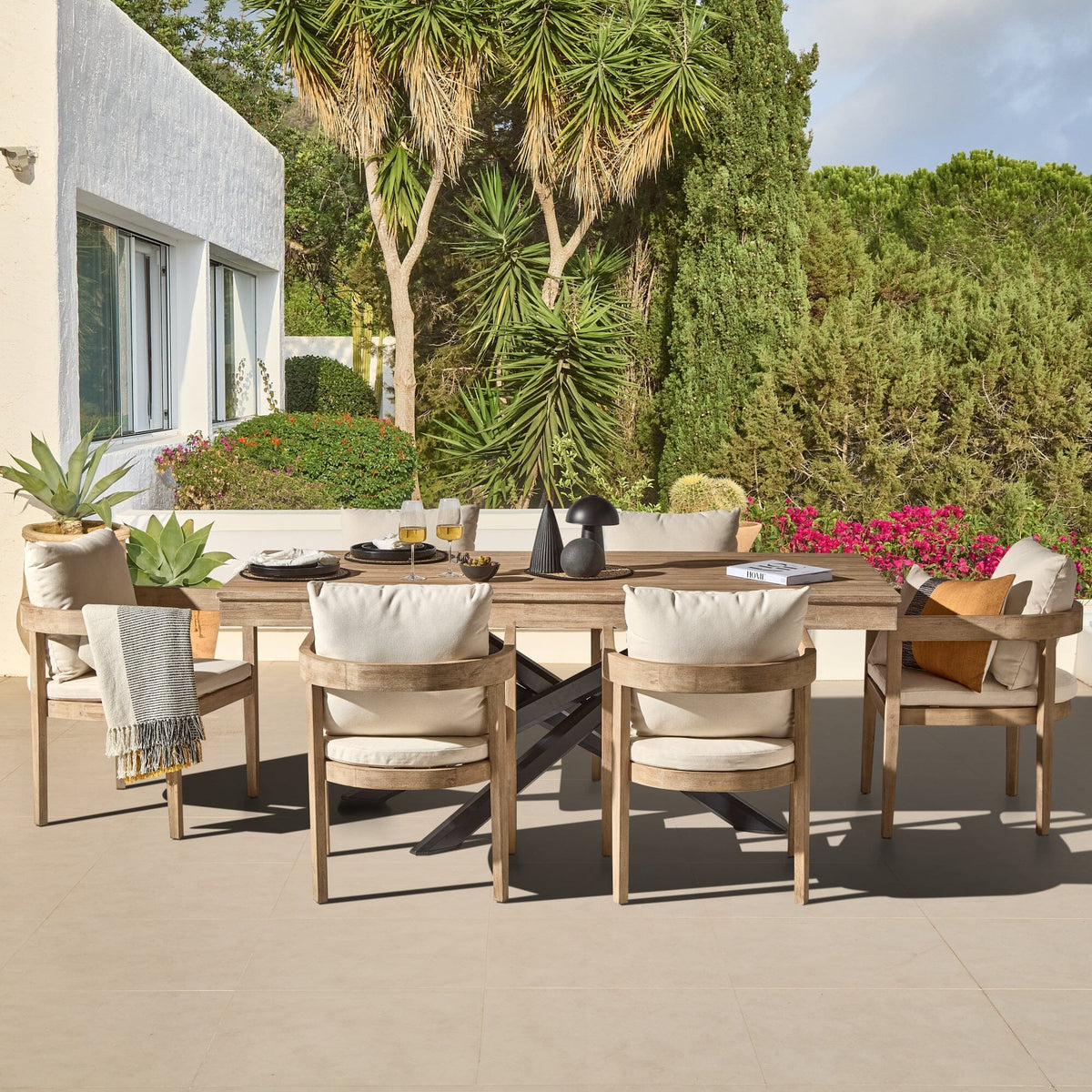 Amelia 6 Seater Wooden Garden Dining Set with 6 Imani Chairs - Light Brushed Acacia with Black Legs - Laura James