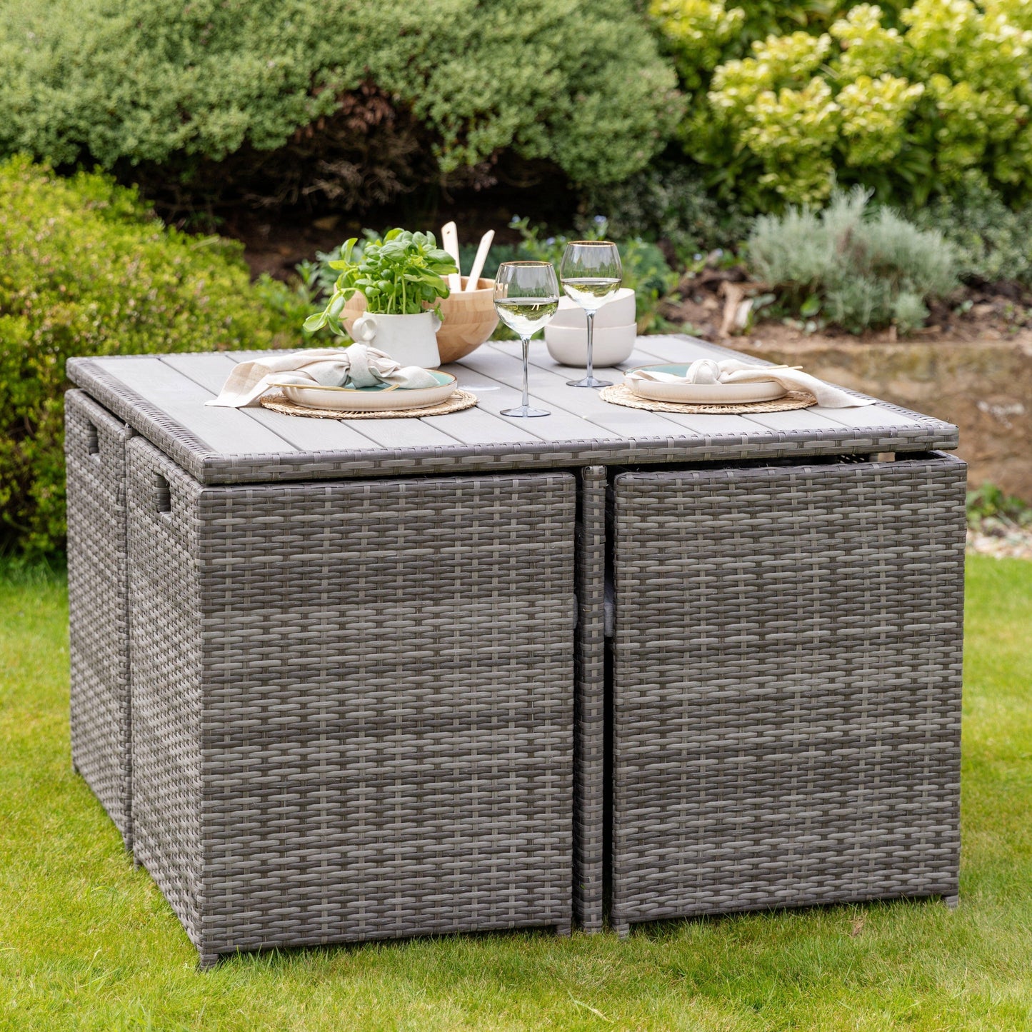 Cube 8 Seater Rattan Outdoor Dining Set Grey LED Premium Parasol - Grey Weave Polywood Top