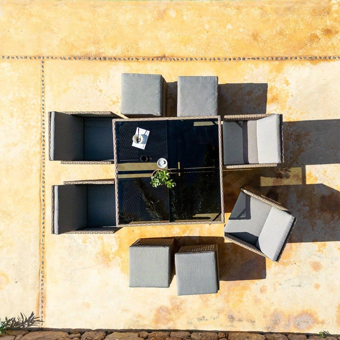 Cube 8 Seater Rattan Outdoor Dining Set with Cream LED Premium Parasol - Natural Brown Weave