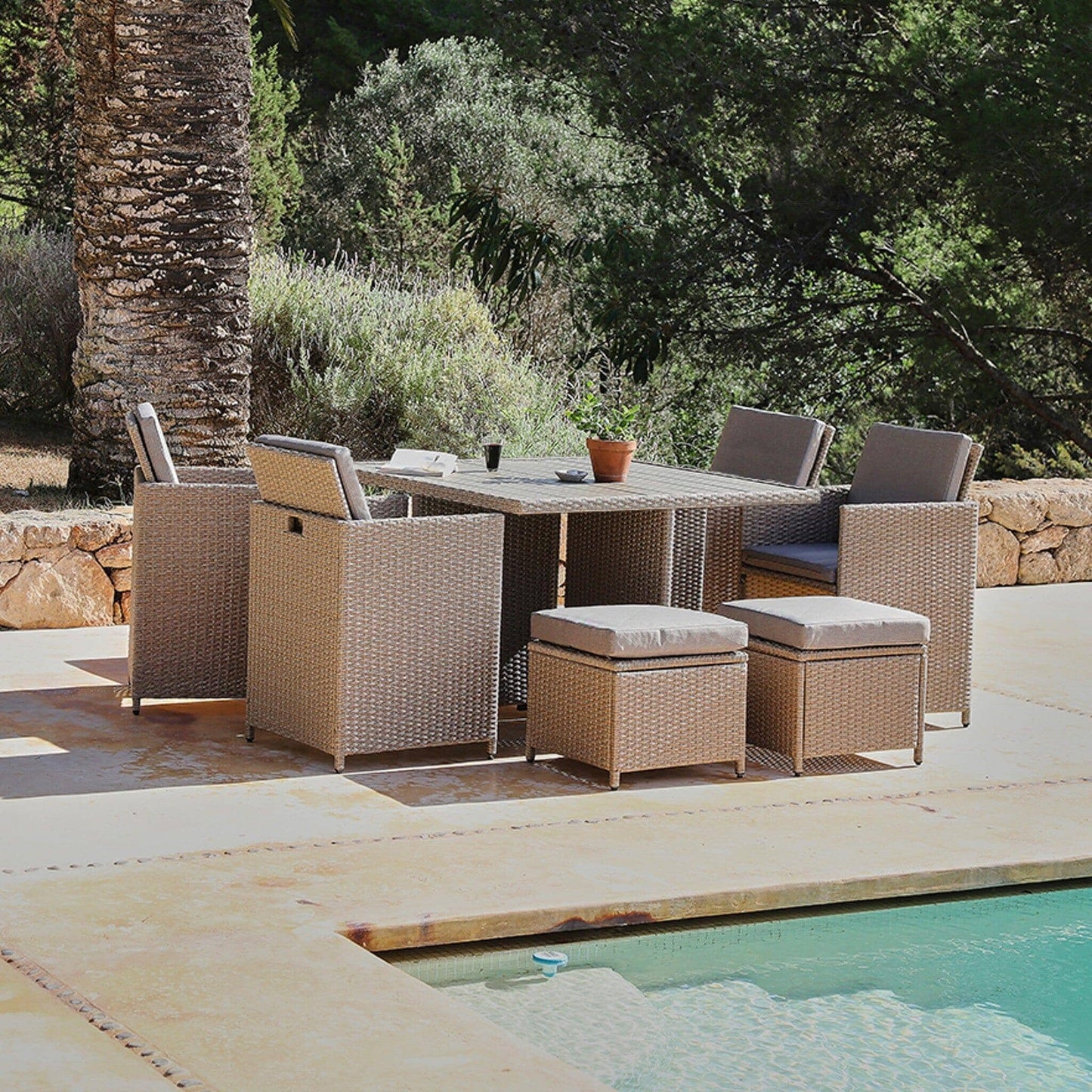 Cube 8 Seater Rattan Outdoor Dining Set with Grey LED Premium Parasol - Natural Brown Weave Polywood Top