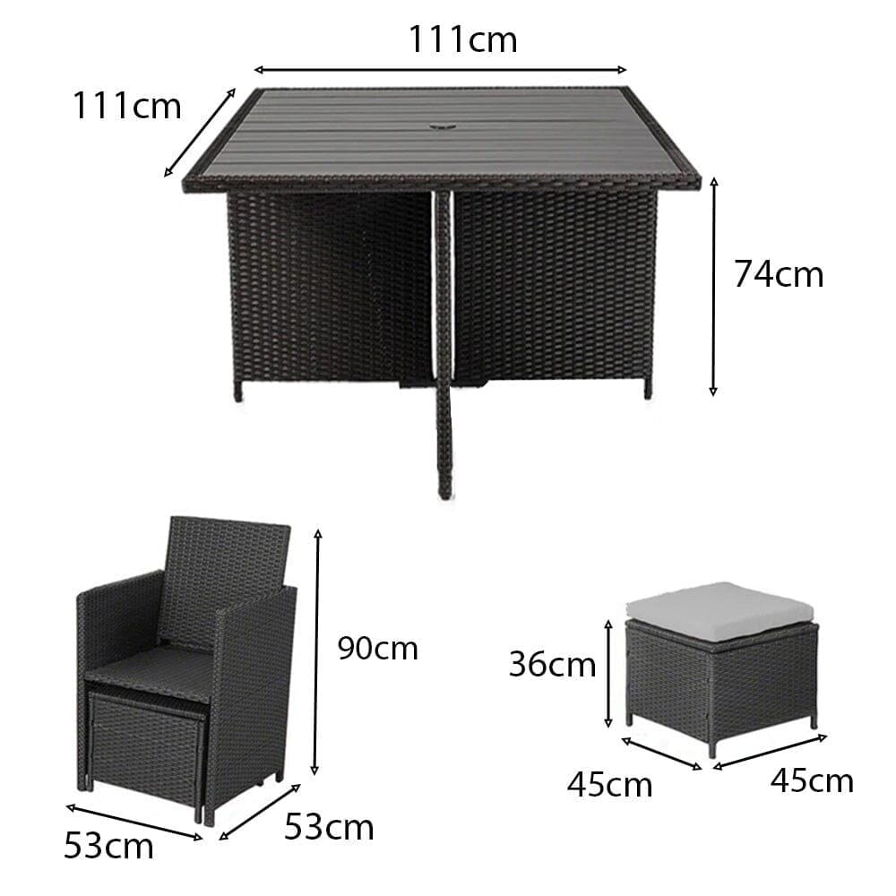 Cube 8 Seater Rattan Outdoor Dining Set with Cream Parasol - Black Weave Polywood Top
