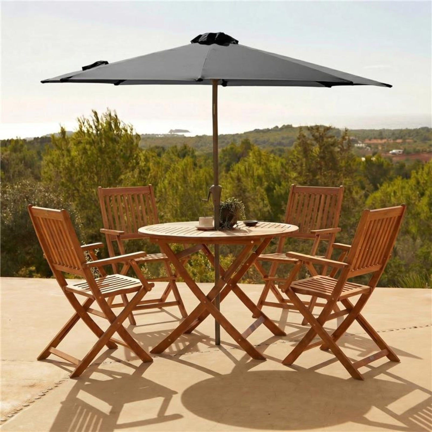 Ashby 4 Seater Round Wooden Garden Armchair Dining Set With Grey Parasol - 100cm