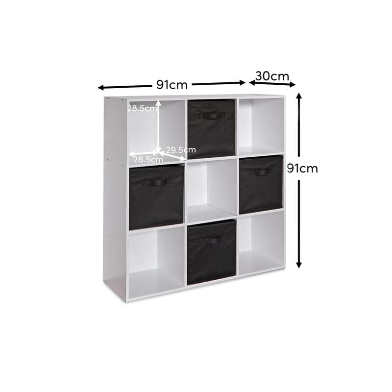 Cara 9 Cube Storage Unit - Chalk White Bookcase with Black Boxes - Laura James