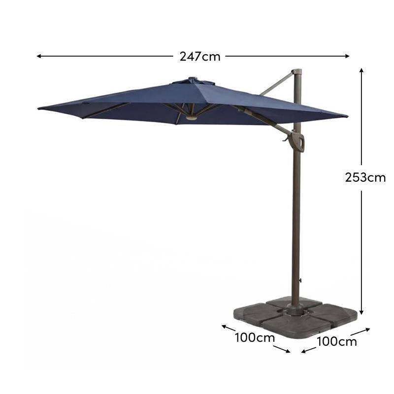 Fira Dark Blue LED Cantilever Parasol - 2.5m Square with Quartered Base - Laura James
