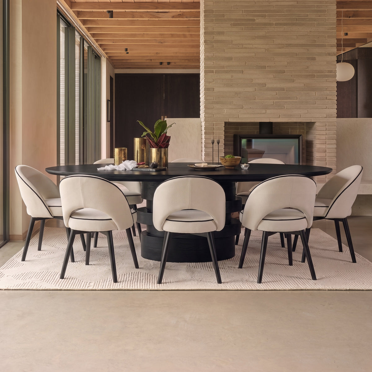 Adam 240cm Jet Black Mango Wood Oval Dining Table Set - 8 Seater - Marilyn Ivory with Jet Black Piping Dining Chairs - Black Oak Legs - Laura James