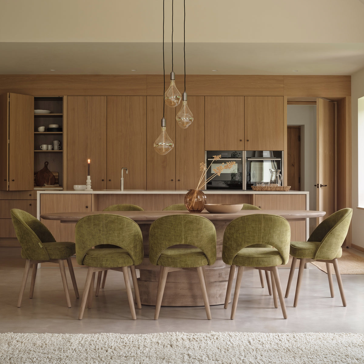 Adam 240cm Almond Brown Oval Dining Table Set - 8 Seater - Marilyn Moss Green Dining Chairs - Almond Brown Legs