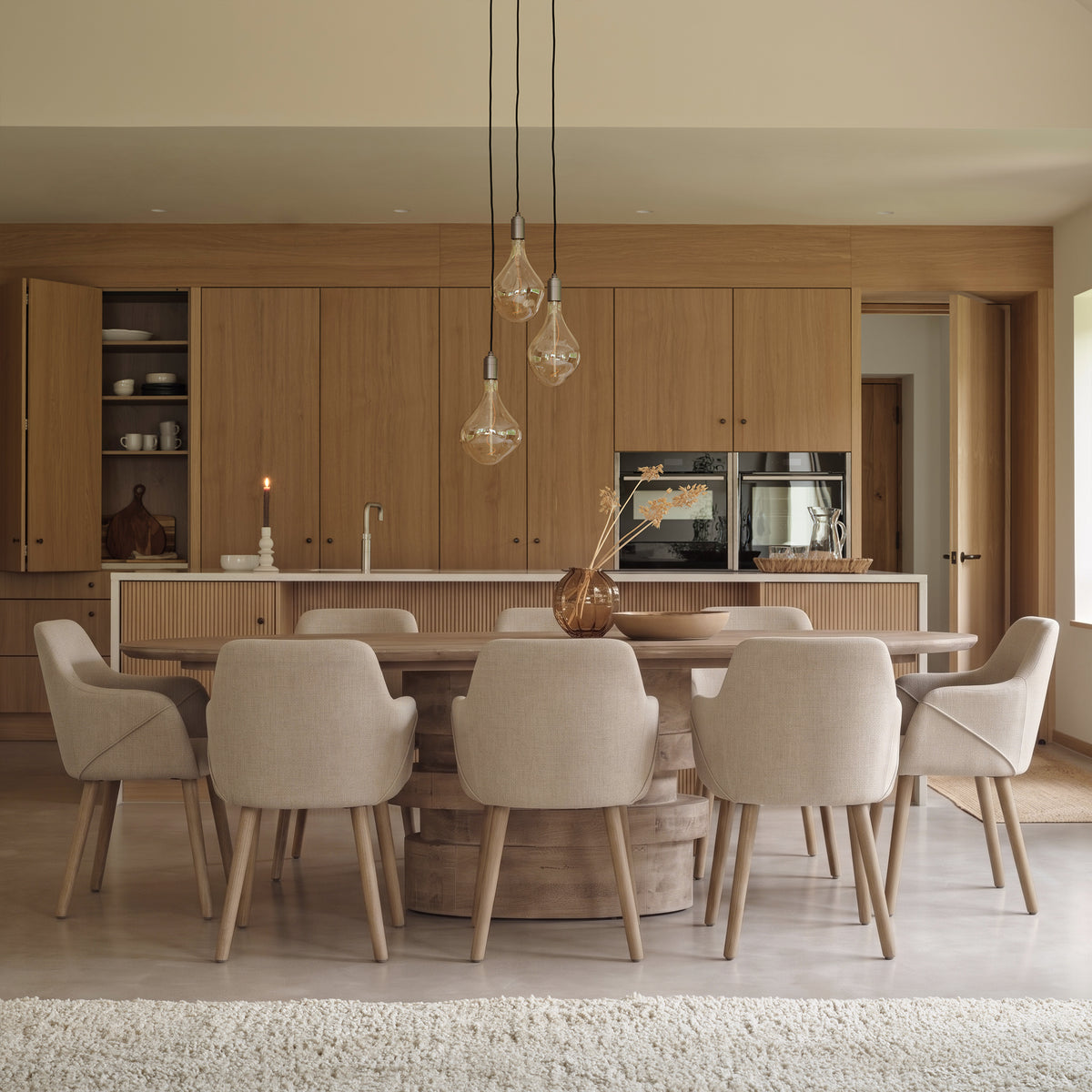 Adam 240cm Almond Brown Oval Dining Table Set - 8 Seater - Freya Sand Dining Armchairs - Almond Brown Legs