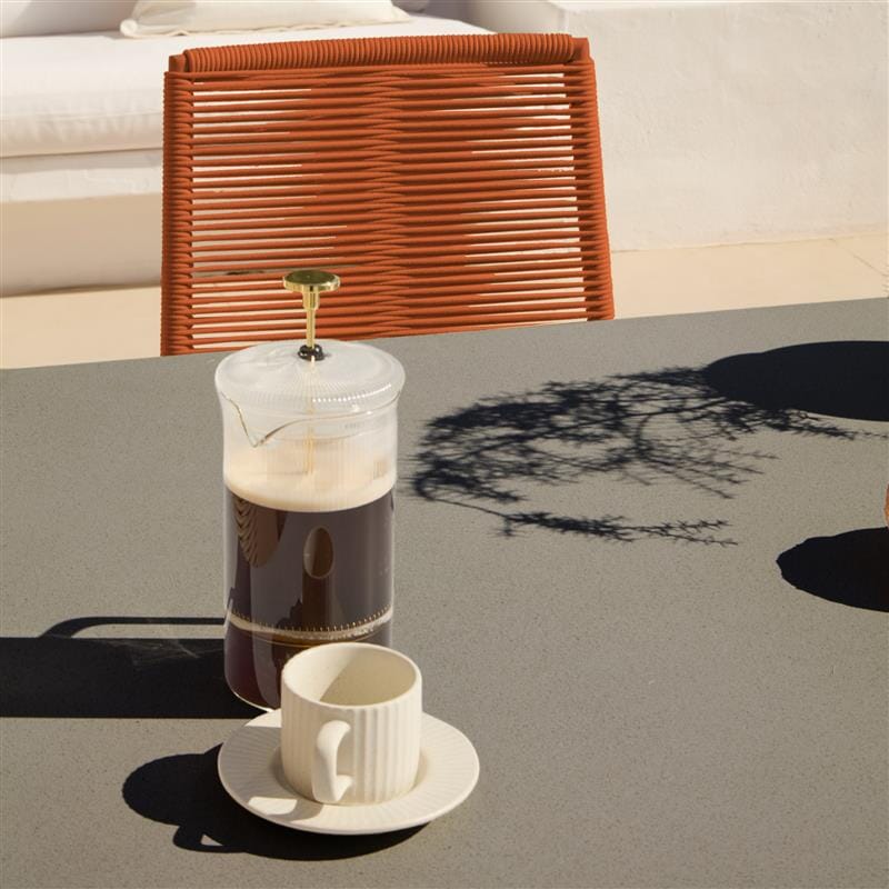 Amelia 6 Seater Dove Grey Concrete Garden Dining Set with Ryder Burnt Orange Chairs - Laura James