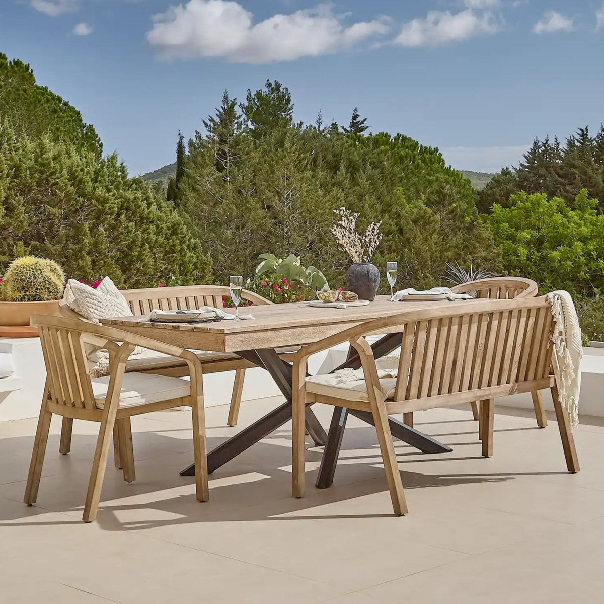 Amelia Wooden Rectangular Dining Table Set with 2 x Shiro 130cm Bench and 2 x Shiro Dining Chairs with Cushions - Cotton White