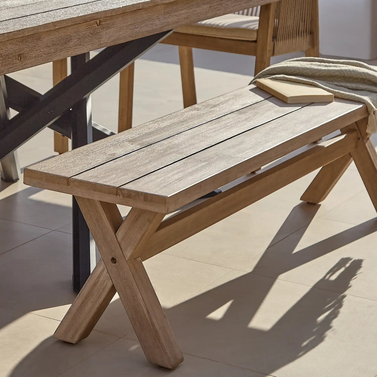 Amelia Wooden Rectangular Dining Table Set with Charlotte 170cm Dining Bench and 4 x Nala Wooden Dining Chairs with Cushions - Sand
