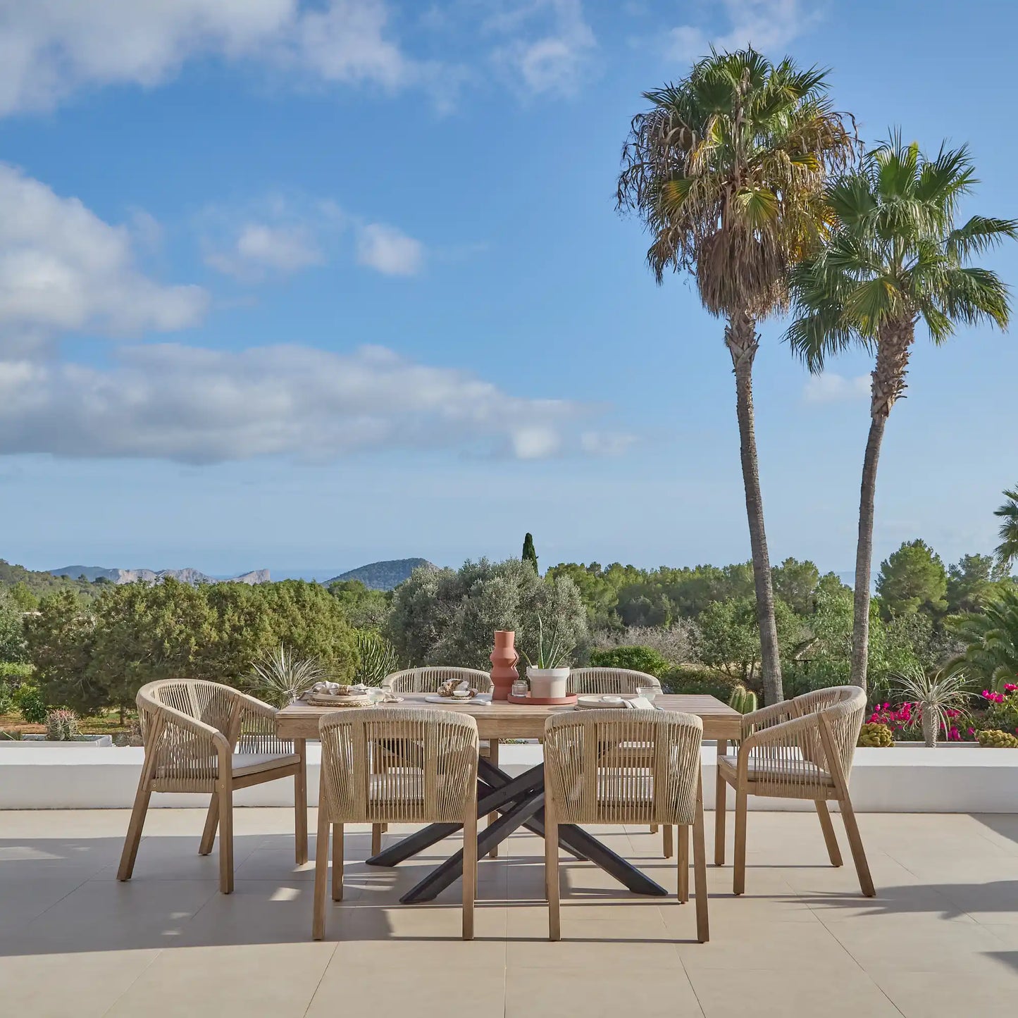 Amelia Wooden Rectangular Dining Table Set with 6 x Nala Wooden Dining Chairs with Cushions - Sand