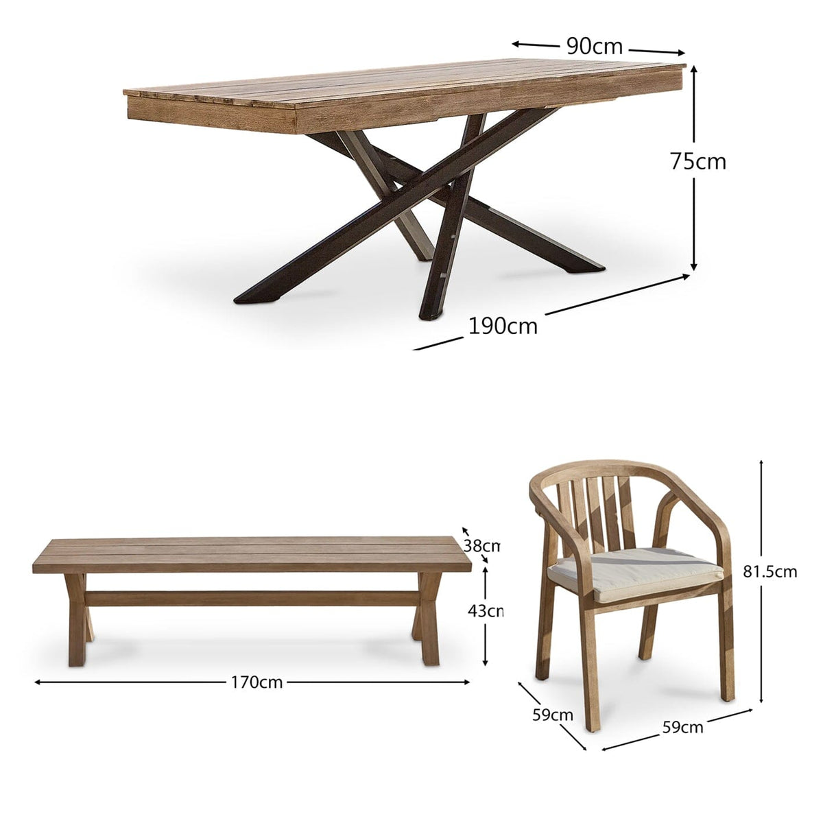 Amelia Wooden Rectangular Dining Table Set with Charlotte Dining Bench and 4 x Shiro Dining Chair with Cushions - Cotton White